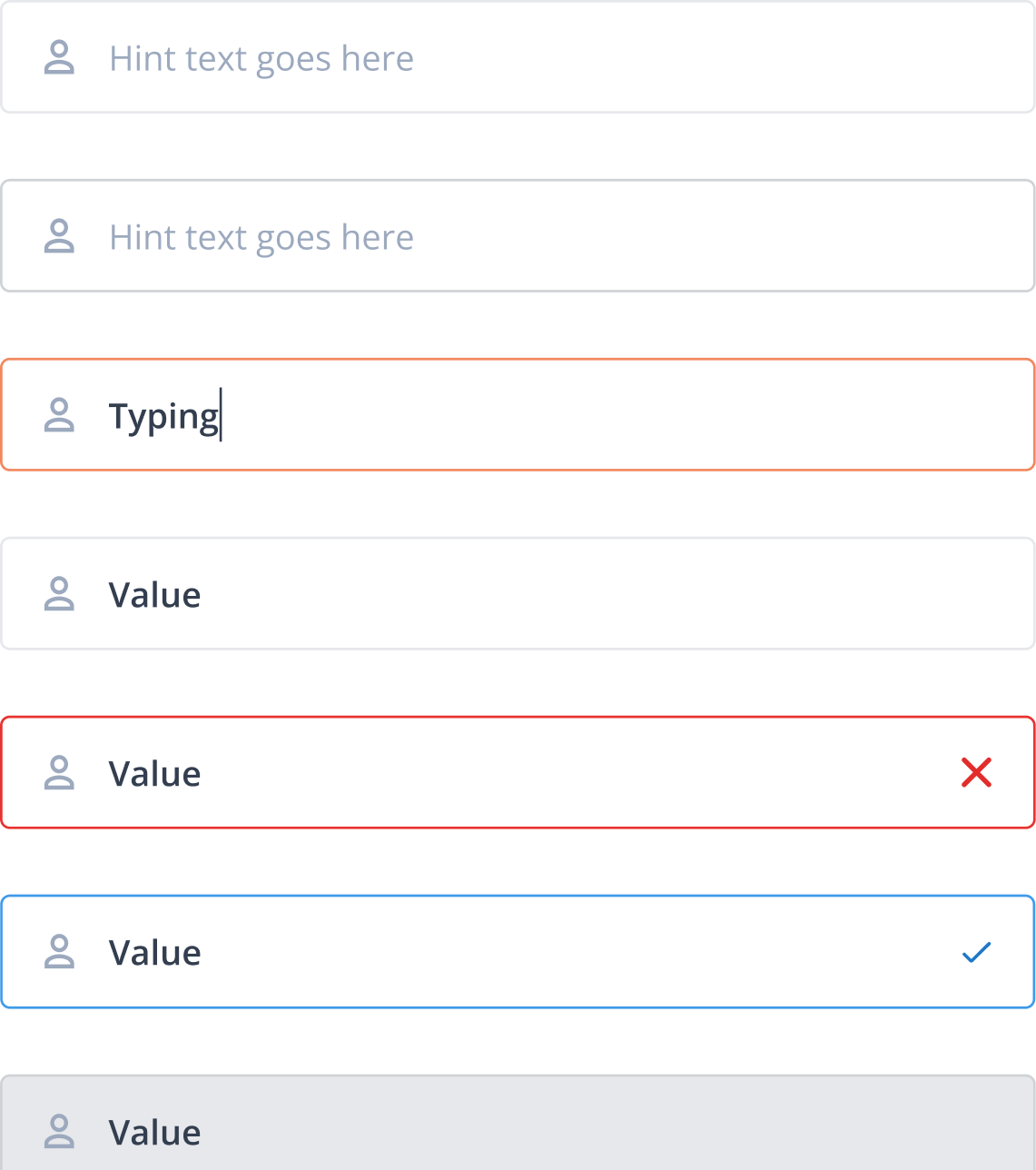 Input field states with leading icon — default, focus/active, filled, error, success, disabled